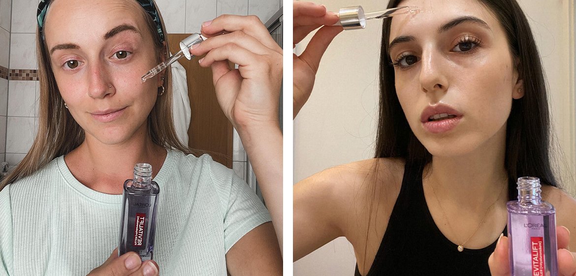 Fotocollage bestehend aus zwei Bildern mit jeweils einer Frau die sich das L'Oréal Revitalift Filler Serum auftragen